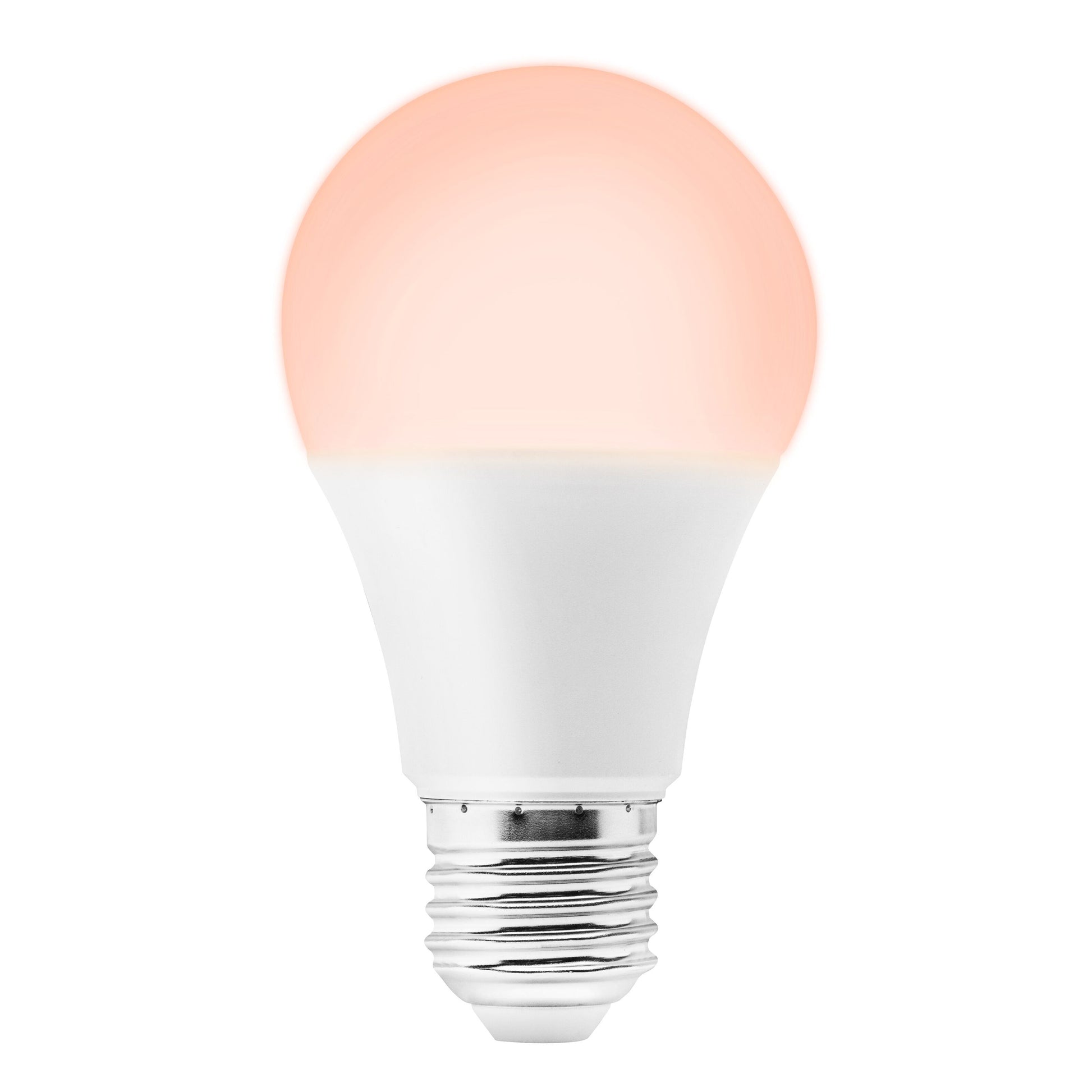Smart E27 RGB LED-pære 806 lm, blødt orange-rosa lys foroven, kompatibel med Google Assistant og Alexa.