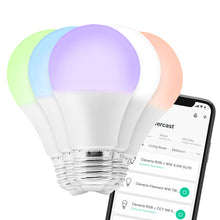 Cleverio Smart E27 RGB LED-pære 806 lm sæt, blå/grøn/lilla/orange, vises ved smartphone med Cleverio app integration.