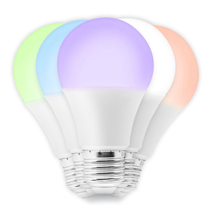 Cleverio Smart E27 RGB LED-pære 806 lm, hvide baser, lyser grønt, blåt, lilla, hvidt og orange.