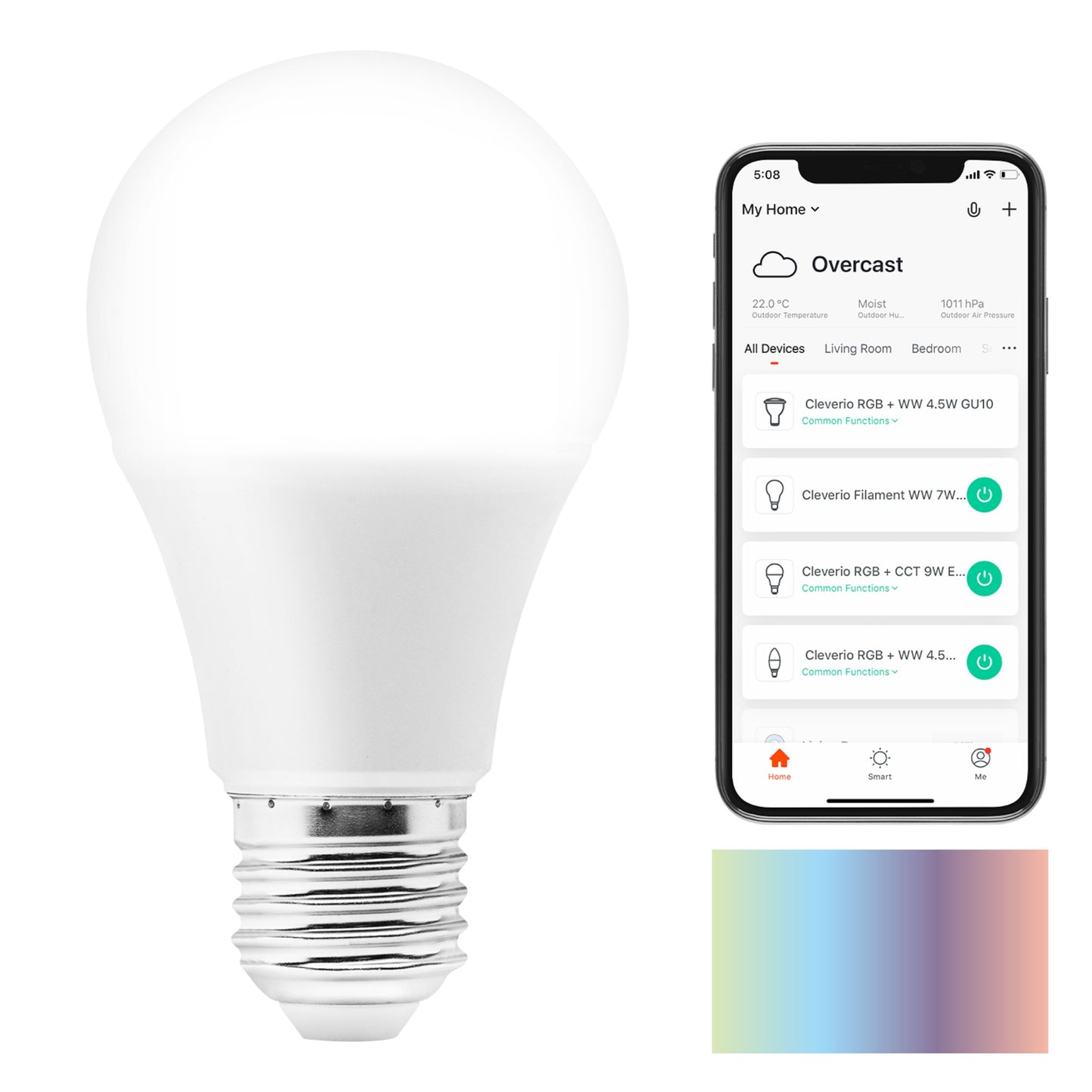 Cleverio Smart E27 RGB LED-pære 806 lm ved smartphone med lysstyringsapp, pastel farvegradient, Google Assistant Alexa.