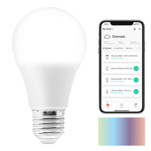 Cleverio Smart E27 RGB LED-pære 806 lm ved smartphone med lysstyringsapp, pastel farvegradient, Google Assistant Alexa.