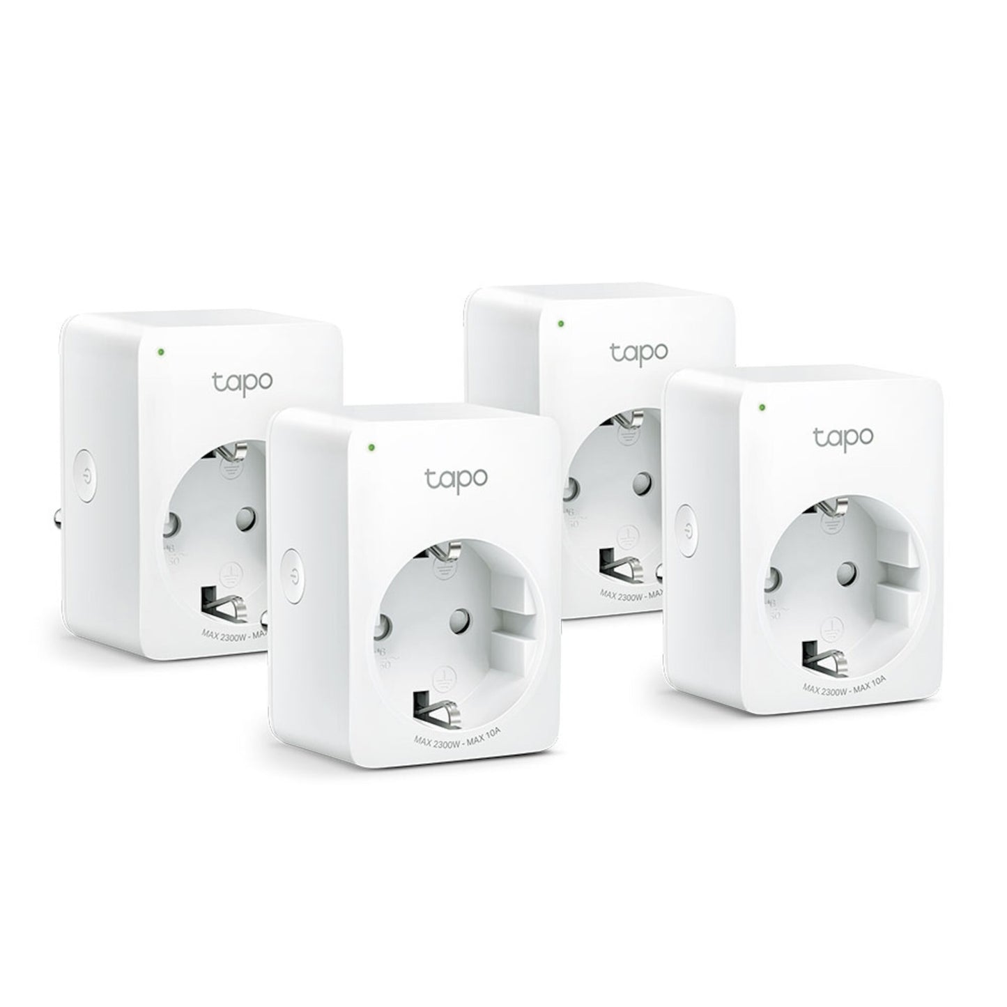 TP-Link Tapo Mini Smart Wifi fjernbetjeningskontakt 4-pak med runde stik, sideknap og LED.