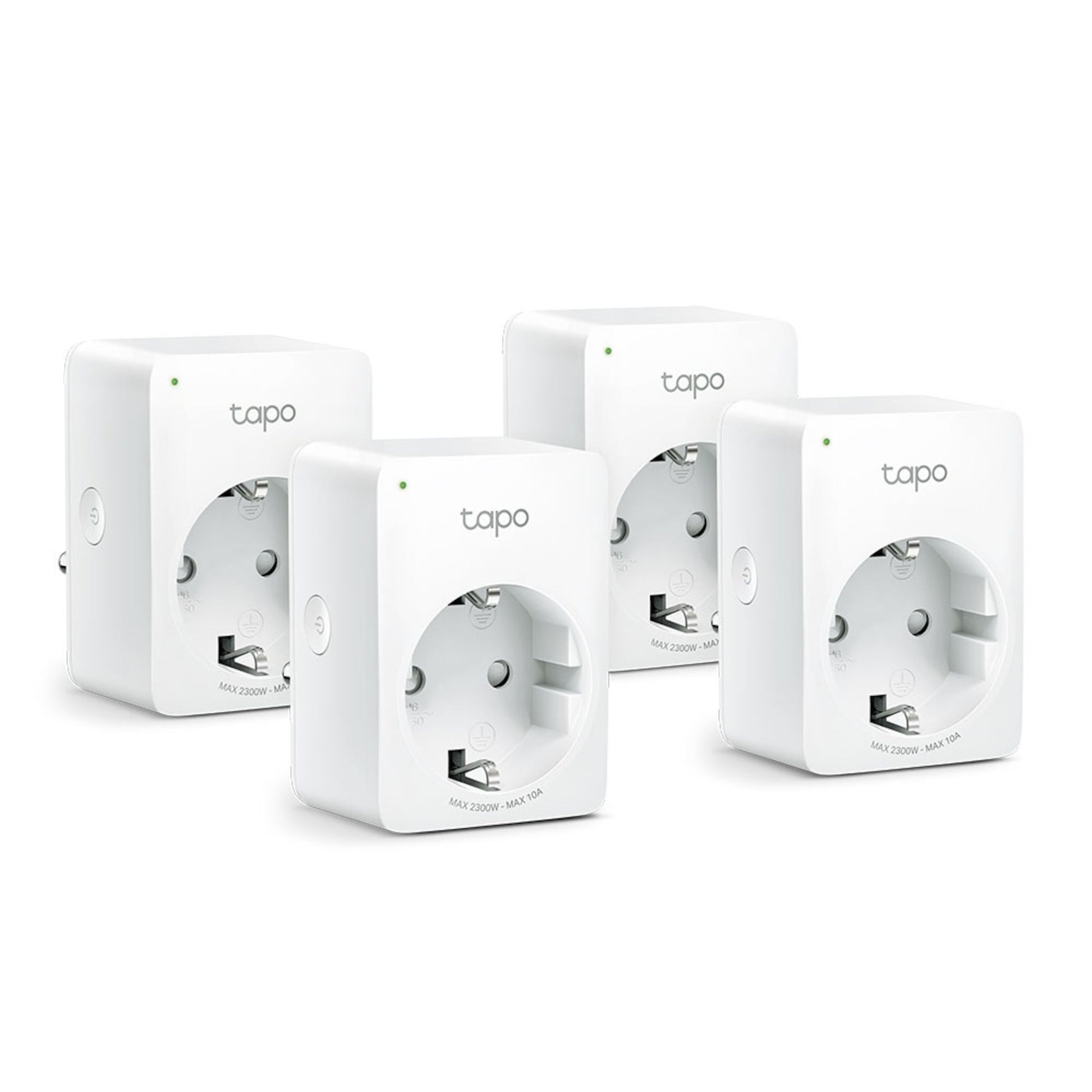 TP-Link Tapo Mini Smart Wifi fjernbetjeningskontakt 4-pak med runde stik, sideknap og LED.