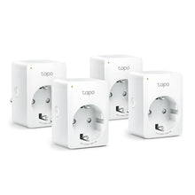 TP-Link Tapo Mini Smart Wifi fjernbetjeningskontakt 4-pak med runde stik, sideknap og LED.