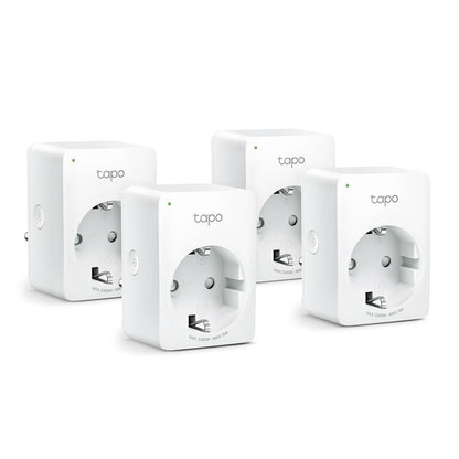 TP-Link Tapo Mini Smart Wifi fjernbetjeningskontakt 4-pak med runde stik, sideknap og LED.