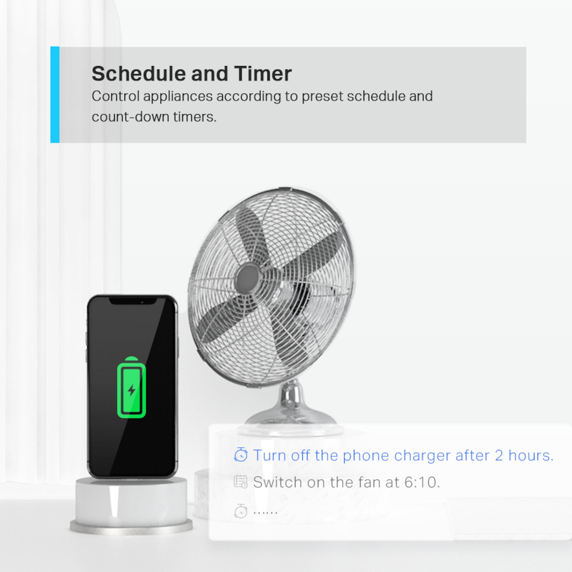Tapo Mini Smart Wifi Fjernbetjeningskontakt 4-pak med smartphone, opladning og metalkøler i baggrunden.