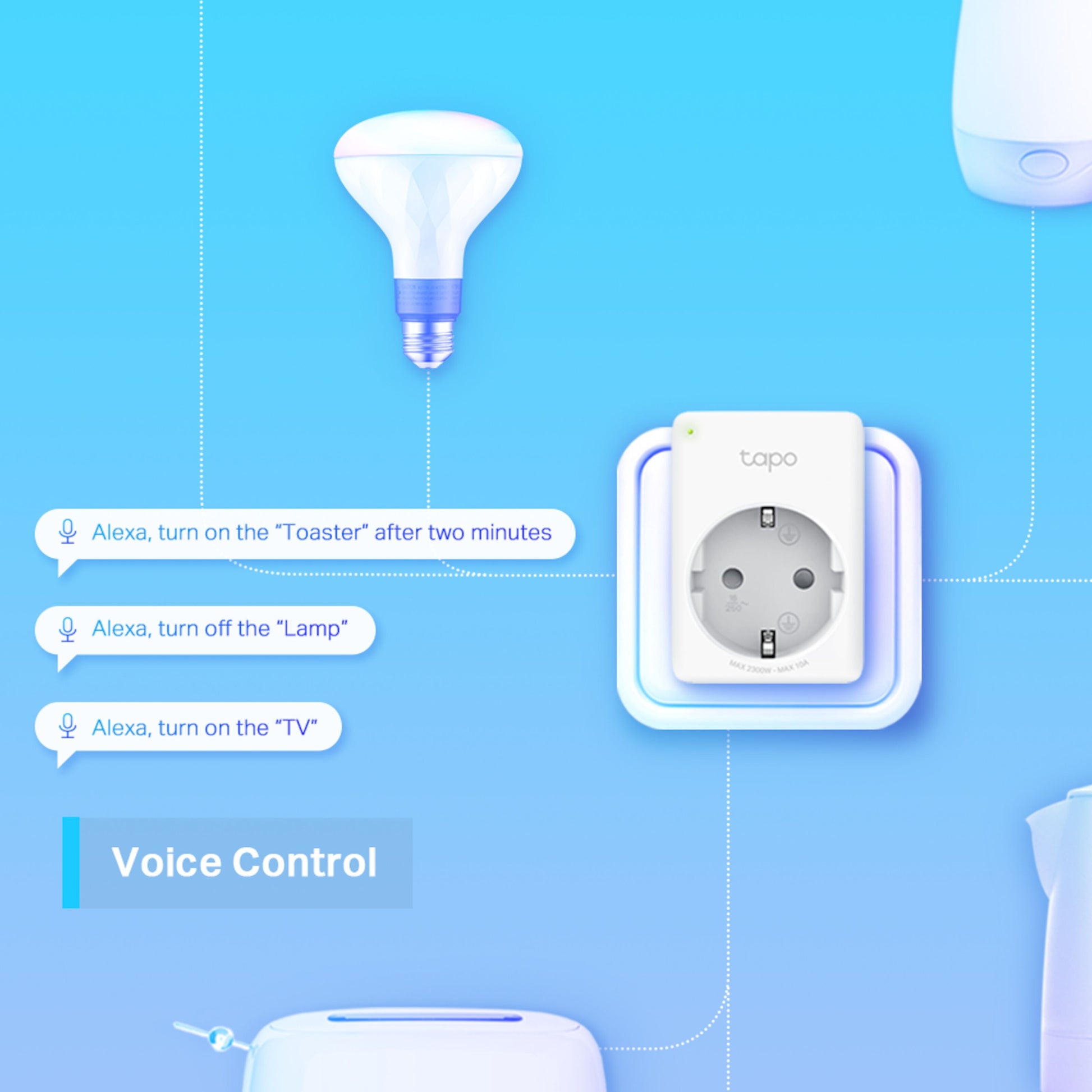 Tapo Mini Smart Wifi fjernbetjeningskontakt 4-pak og smart pære, Alexa stemmestyring, tekst: Stemmestyring.