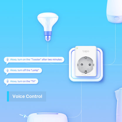 Tapo Mini Smart Wifi fjernbetjeningskontakt 4-pak og smart pære, Alexa stemmestyring, tekst: Stemmestyring.