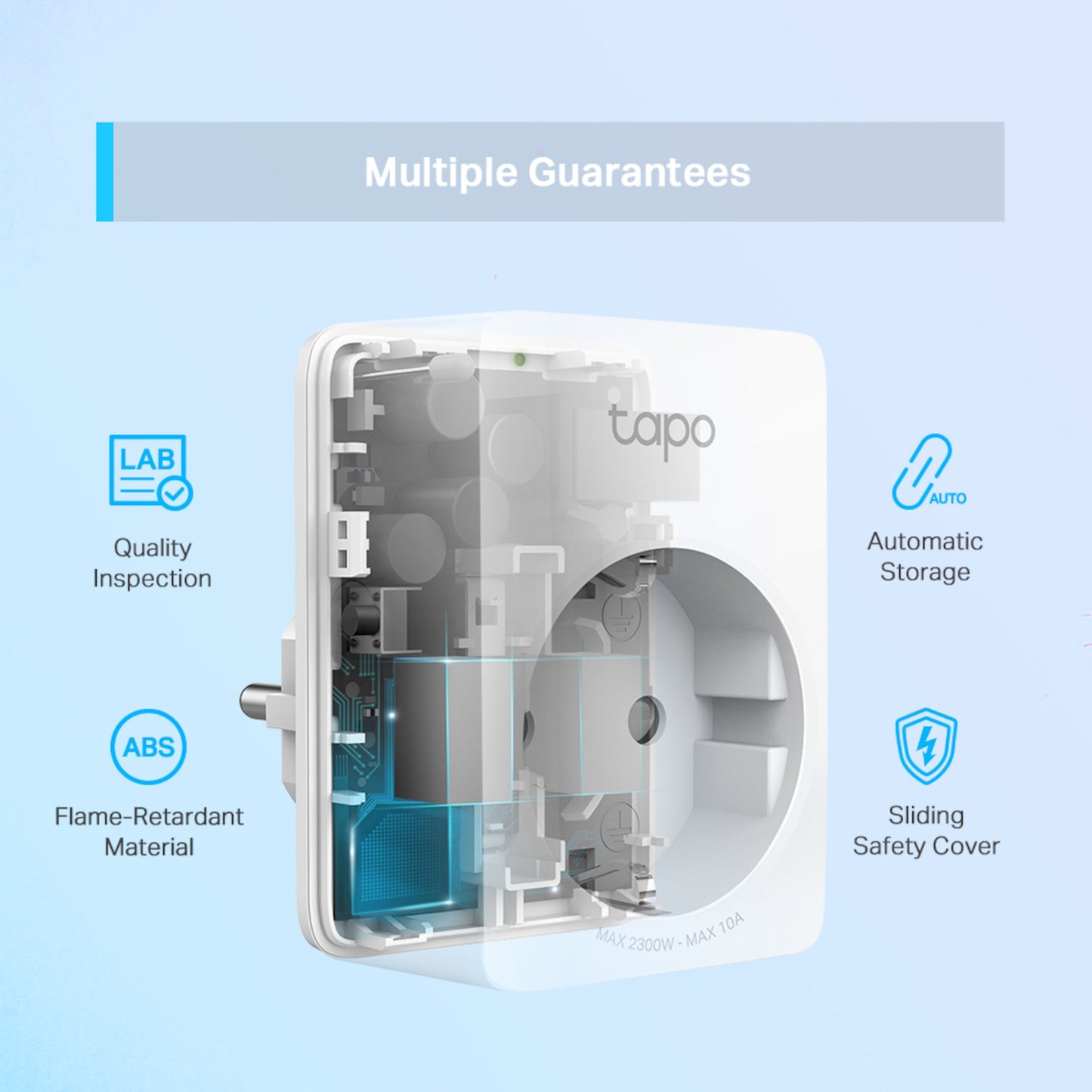 TP-Link Tapo Mini Smart Wifi fjernbetjeningskontakt 4-pak, delvis gennemsigtig med indmad og info om flammehæmmende byggemateriale.
