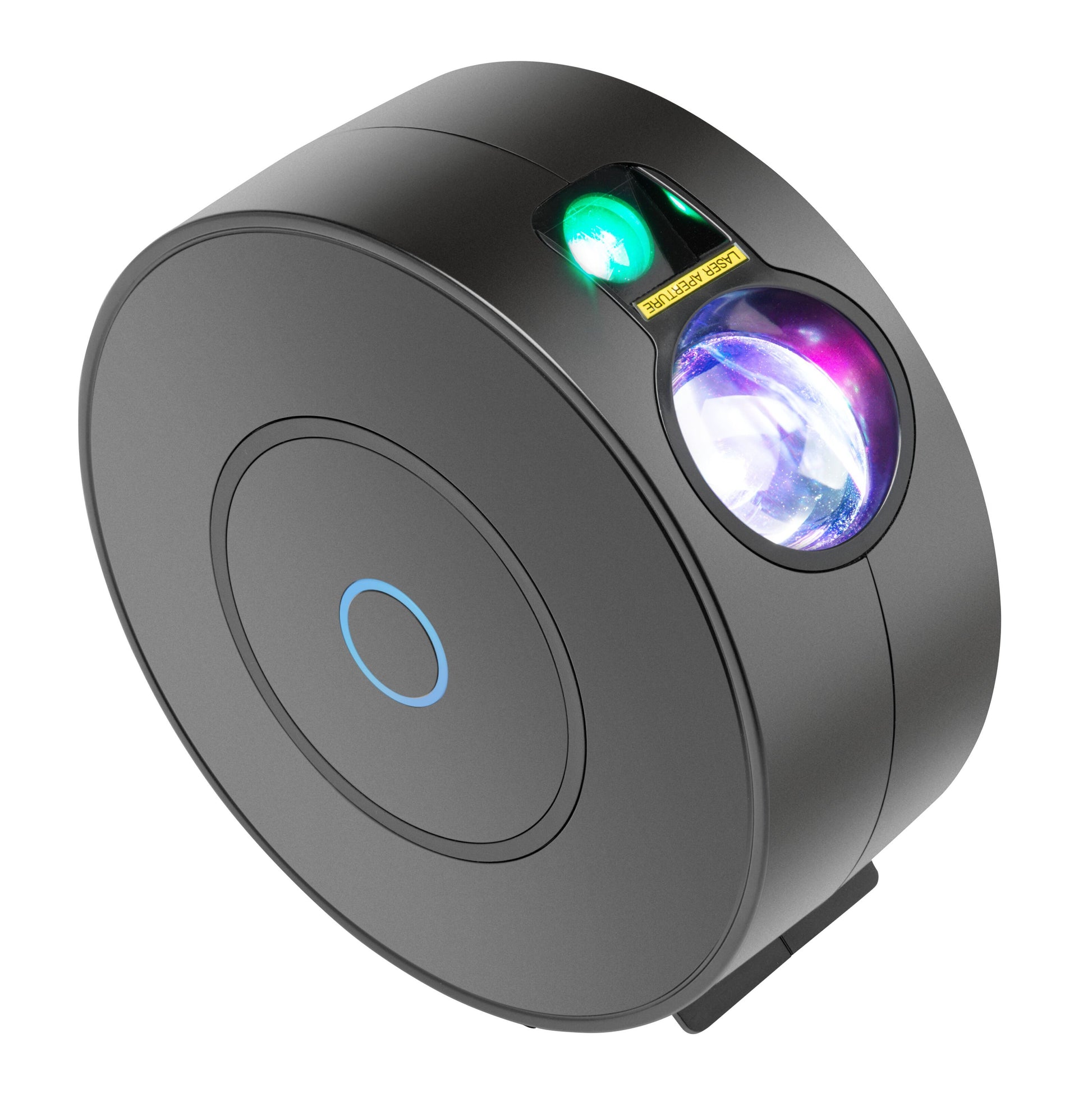Cleverio Smart Galaxy natlampe, rund sort, blå ring foran, linse med farvede lys, kompakt projektor-lignende design.
