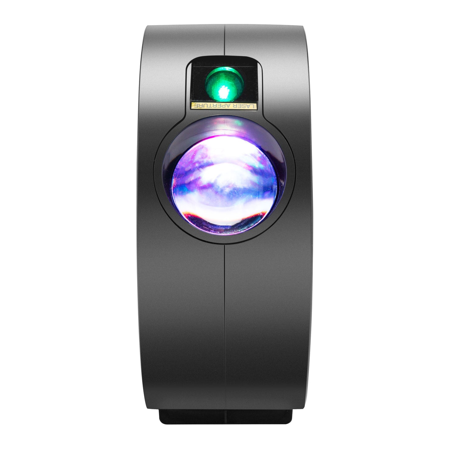 Cleverio Smart Galaxy natlampe i sort med stor lysende linse, grøn indikator over samt appstyret lys og projektor-funktion.
