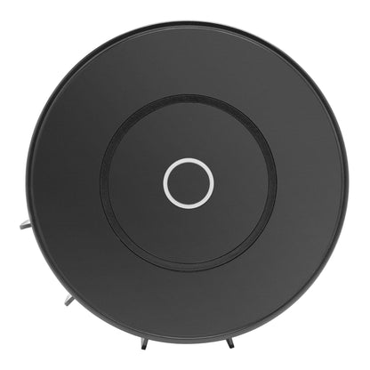 Robotstøvsuger rund sort med central knap og sidebørster, vist sammen med Cleverio Smart Galaxy natlampe.