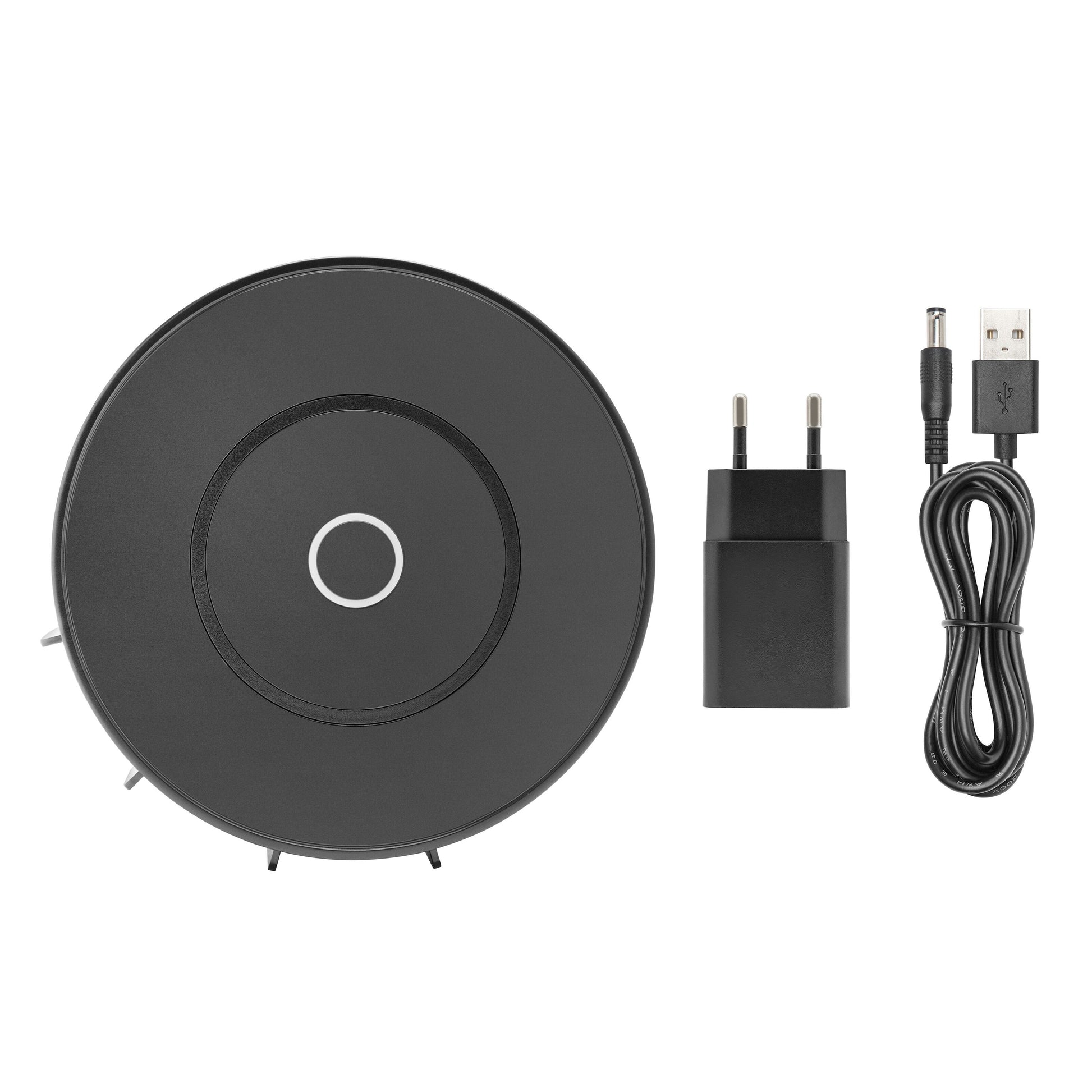 Cleverio Smart Galaxy natlampe sort cirkulær, med sort vægoplader og USB-kabel med tønde- og USB-A-stik.