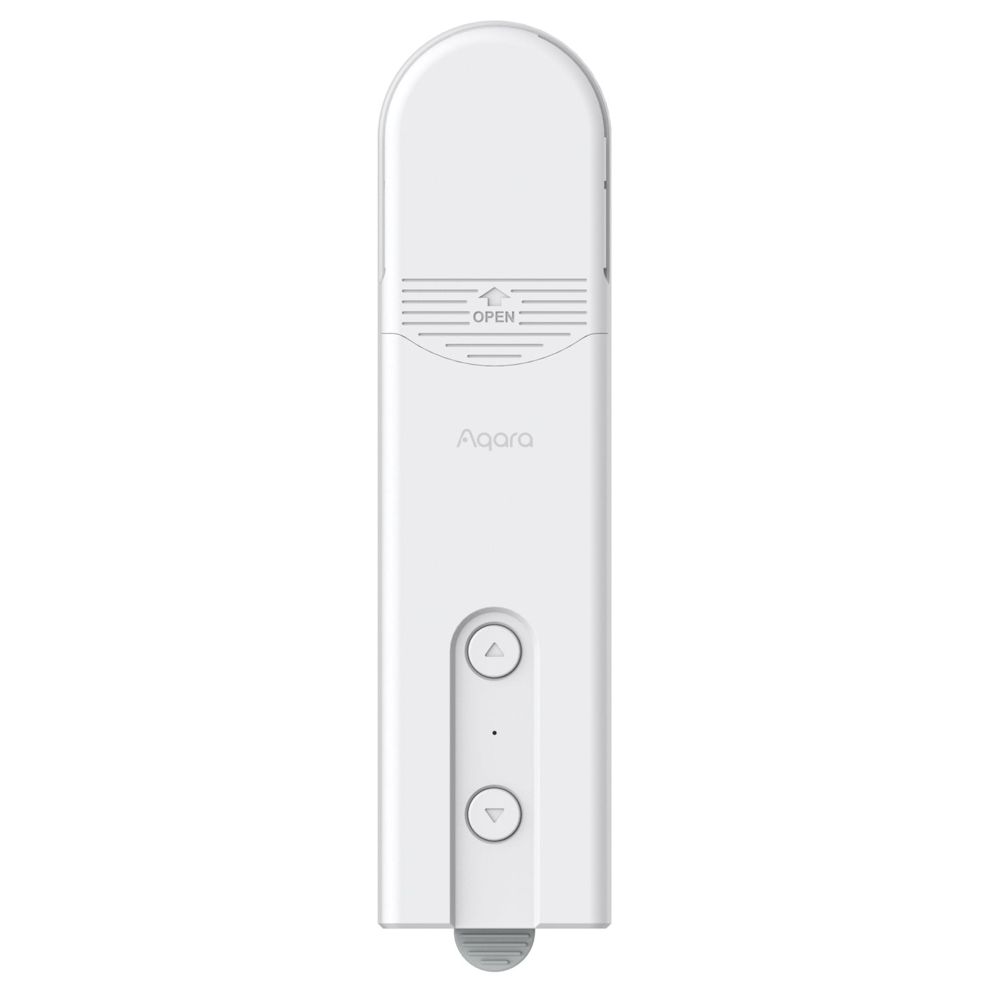 Aqara Rullegardin Driver E1 hvid, rektangulær med pileknapper og "Open"-label til automatisk gardinkontrol.