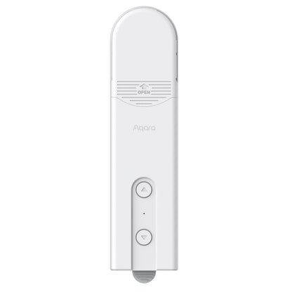 Aqara Rullegardin Driver E1 hvid, rektangulær med pileknapper og "Open"-label til automatisk gardinkontrol.