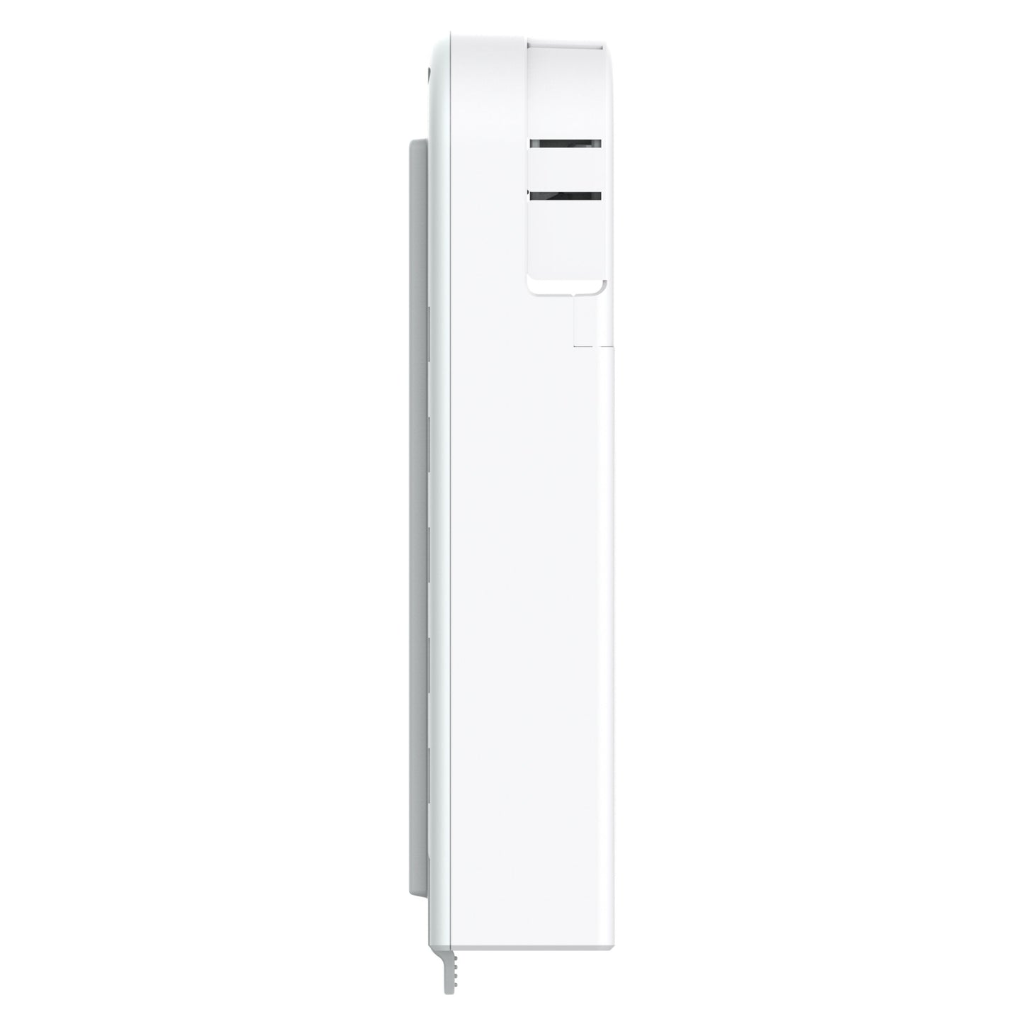 Aqara Rullegardin Driver E1, vægmonteret gardinkontrol, sideview med ventilationsåbninger og snoet ledning nederst.