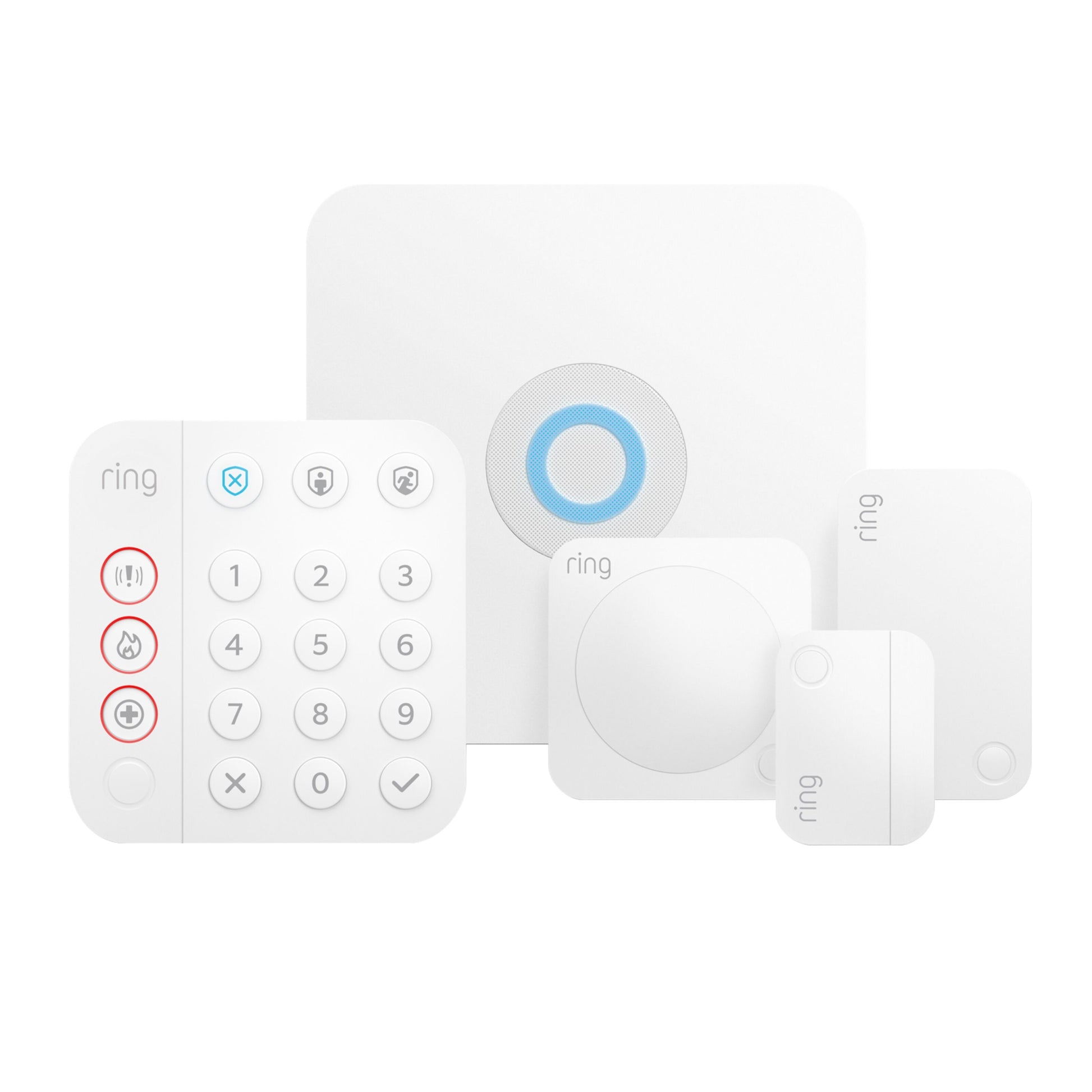 Ring Alarm 2. gen alarmsystem med tastatur, basestation med blå lysring, bevægelsessensor og to kontaktsensorer.