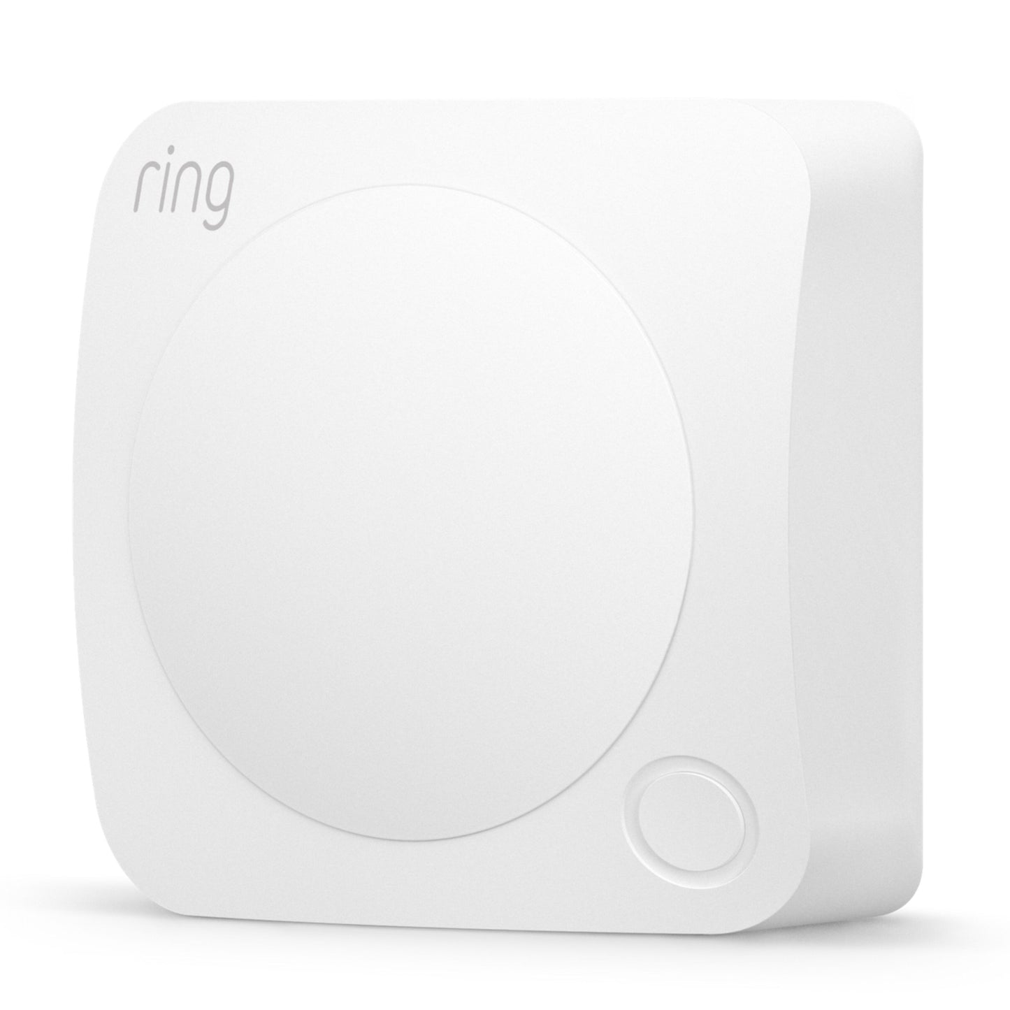 Ring Alarm 2. gen alarmsystem, firkantet base med afrundede hjørner, stor cirkel i midten, lille cirkel nederst til højre, Ring-logo øverst.