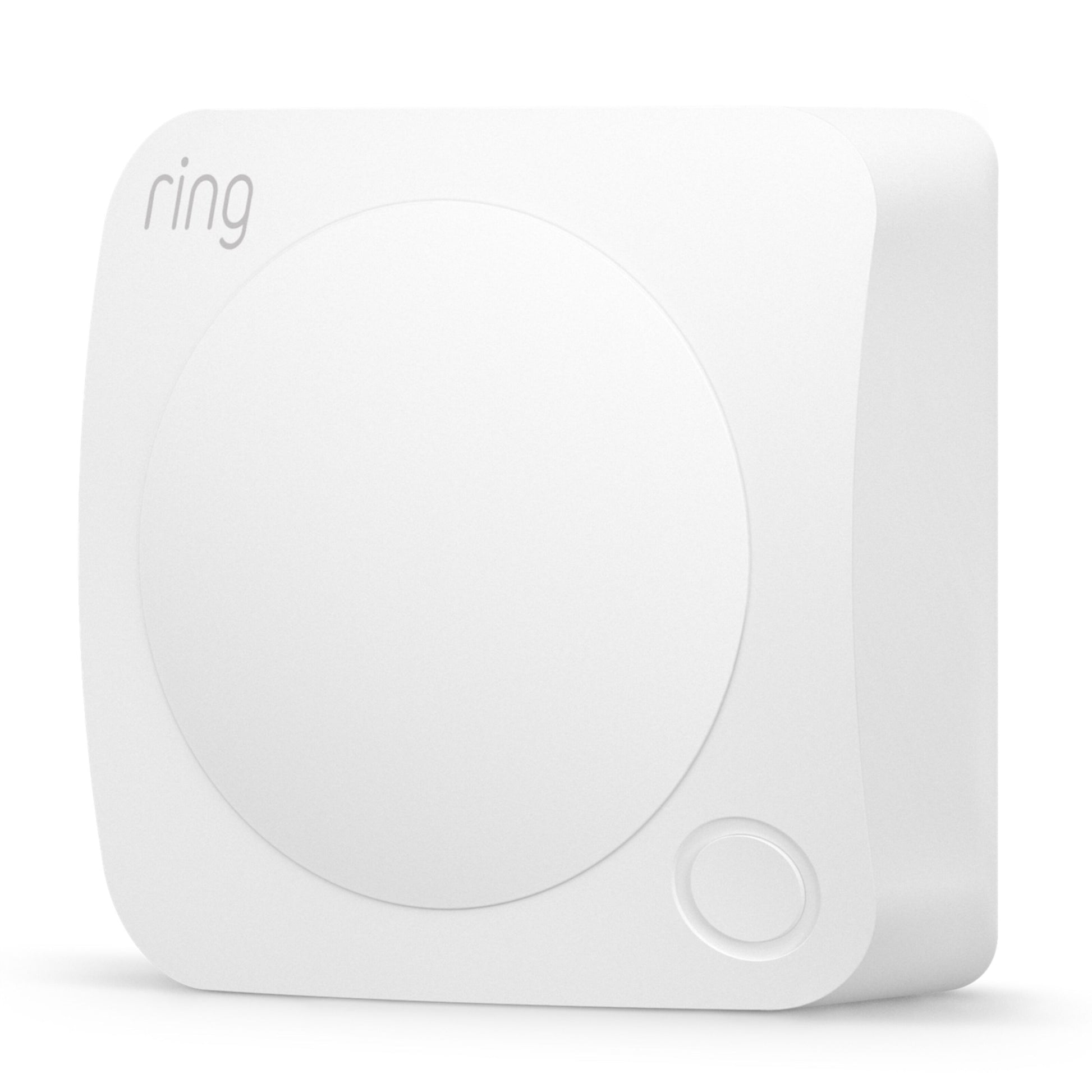 Ring Alarm 2. gen alarmsystem, firkantet base med afrundede hjørner, stor cirkel i midten, lille cirkel nederst til højre, Ring-logo øverst.