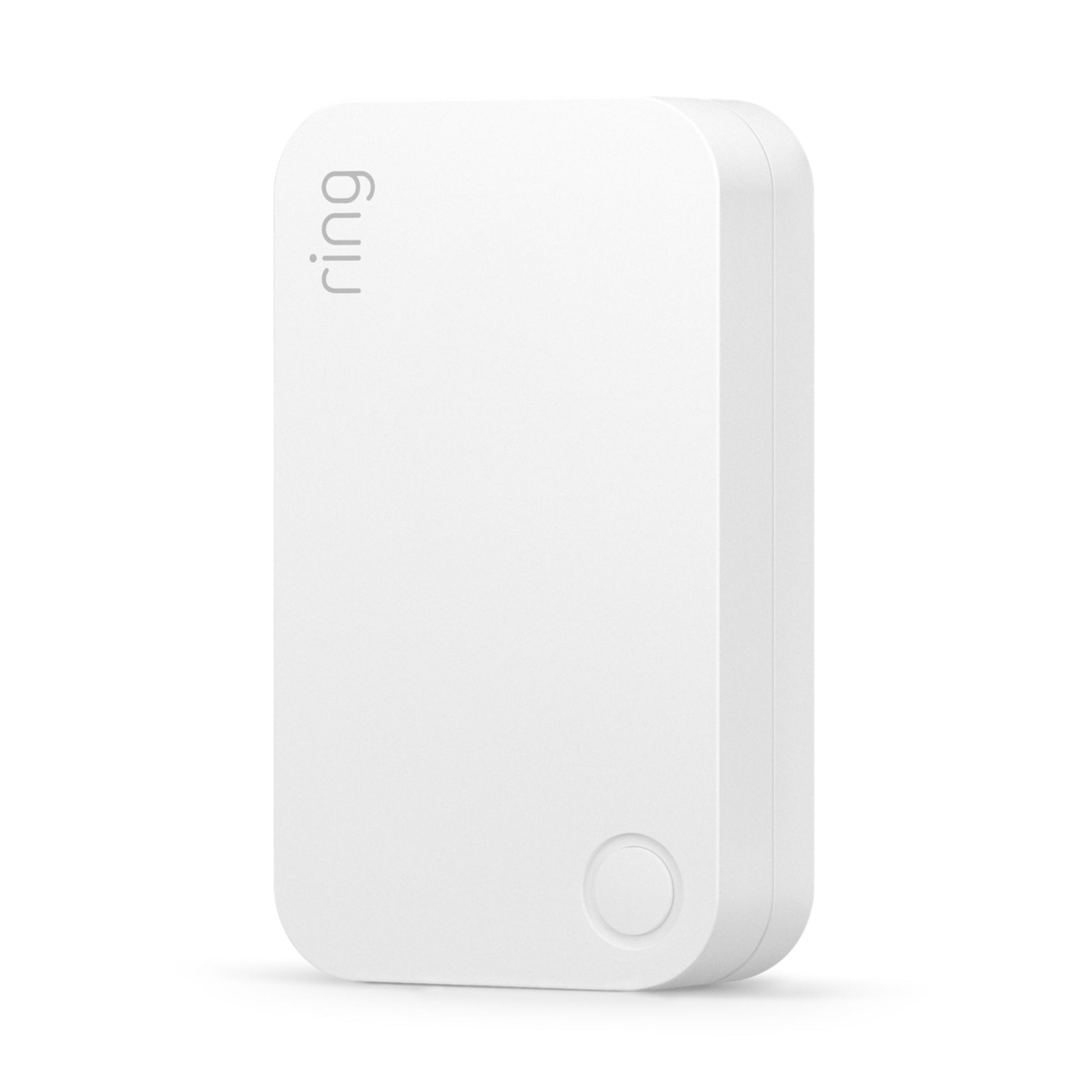 Ring Alarm 2. gen alarmsystem hvid baseenhed, rektangulær med afrundede kanter, hjørneknap og "ring" lodret.