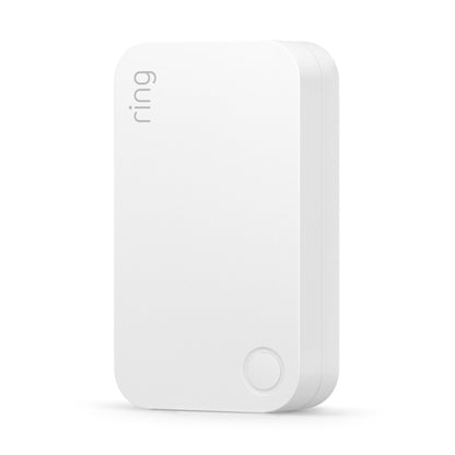 Ring Alarm 2. gen alarmsystem hvid baseenhed, rektangulær med afrundede kanter, hjørneknap og "ring" lodret.