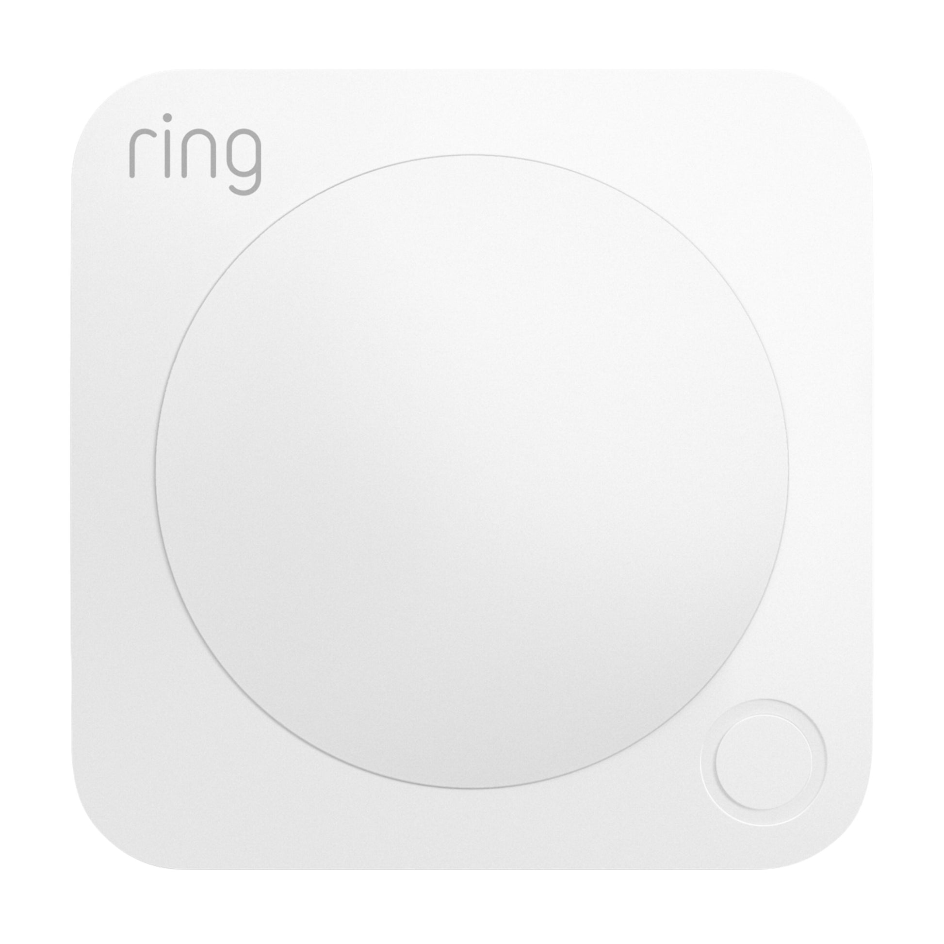 Ring Alarm Bevægelsesdetektor hvid, kvadratisk med afrundede kanter, stor central cirkel, lille knap nederst til højre, ring-logo øverst.