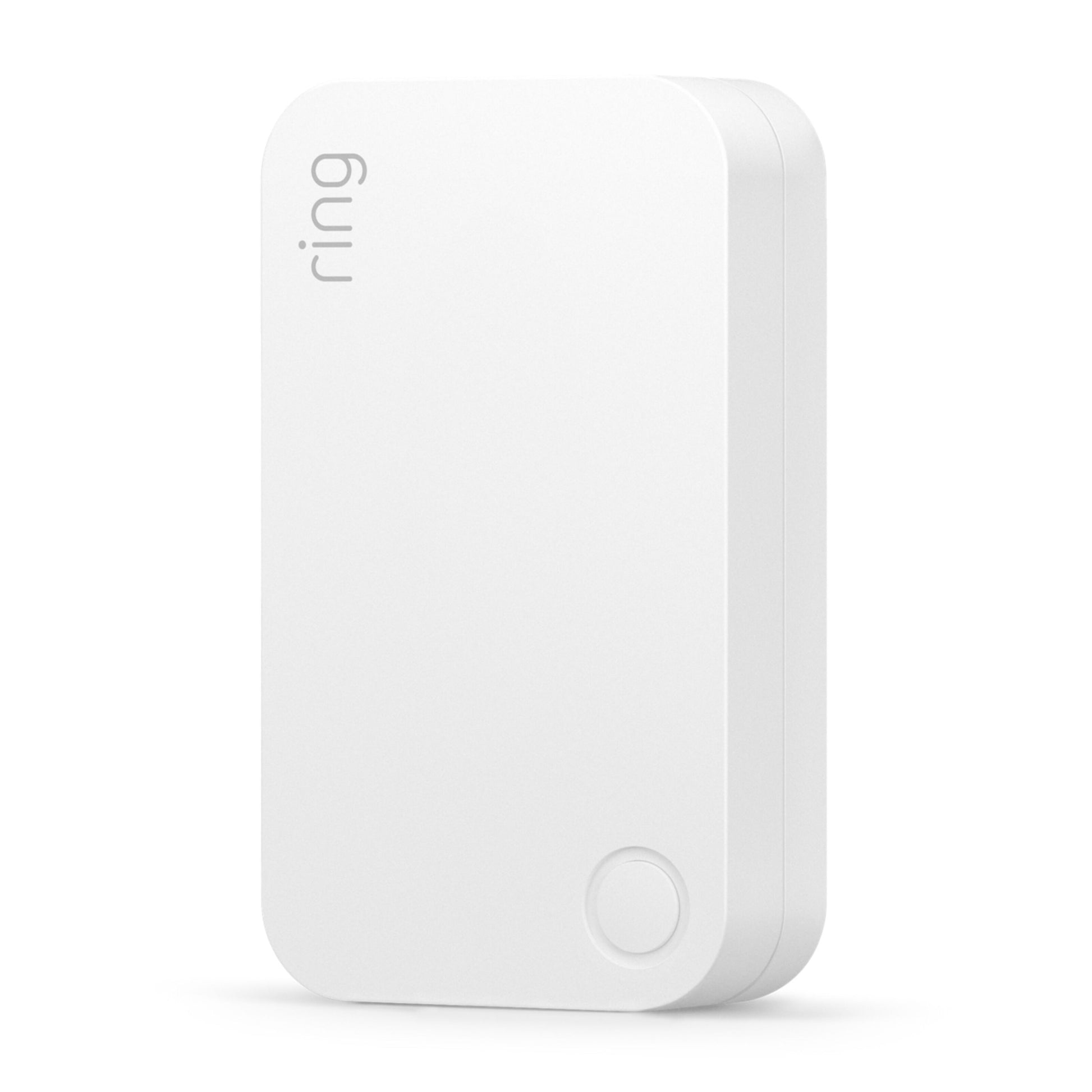 Ring Alarm Rækkevidde Forlænger, afrundet rektangeldesign, Ring logo øverst tv, cirkulær knap nederst th.