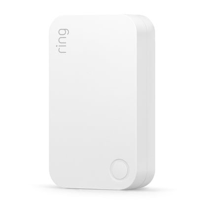 Ring Alarm Rækkevidde Forlænger, afrundet rektangeldesign, Ring logo øverst tv, cirkulær knap nederst th.