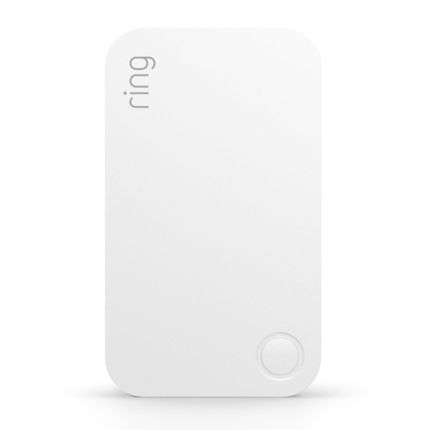 Ring Alarm Rækkevidde Forlænger, hvide afrundede hjørner, Ring-logo øverst til venstre, rund knap nederst til højre.