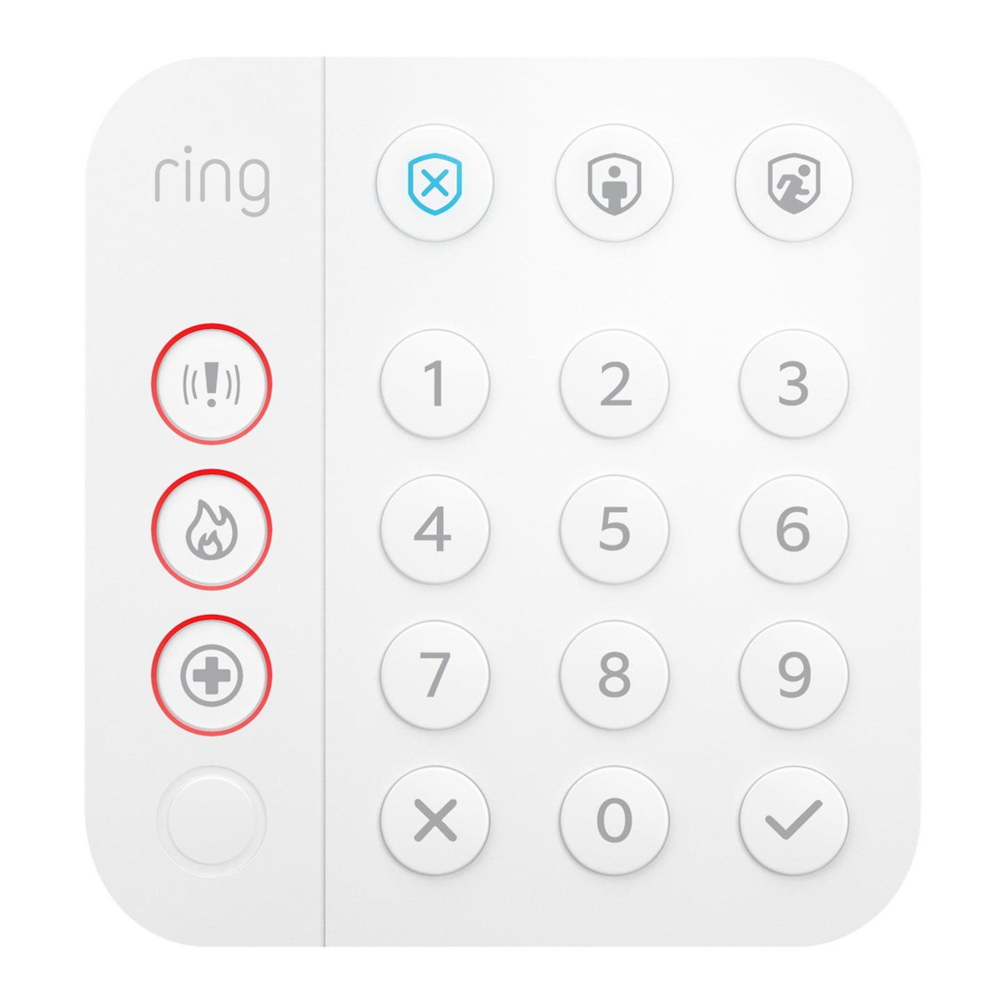 Ring Alarm tastatur med 0-9 tal, alarm-, brand- og medicinsk nødhjælpsknap i rødt, indbygget sirene, kontrolknapper.