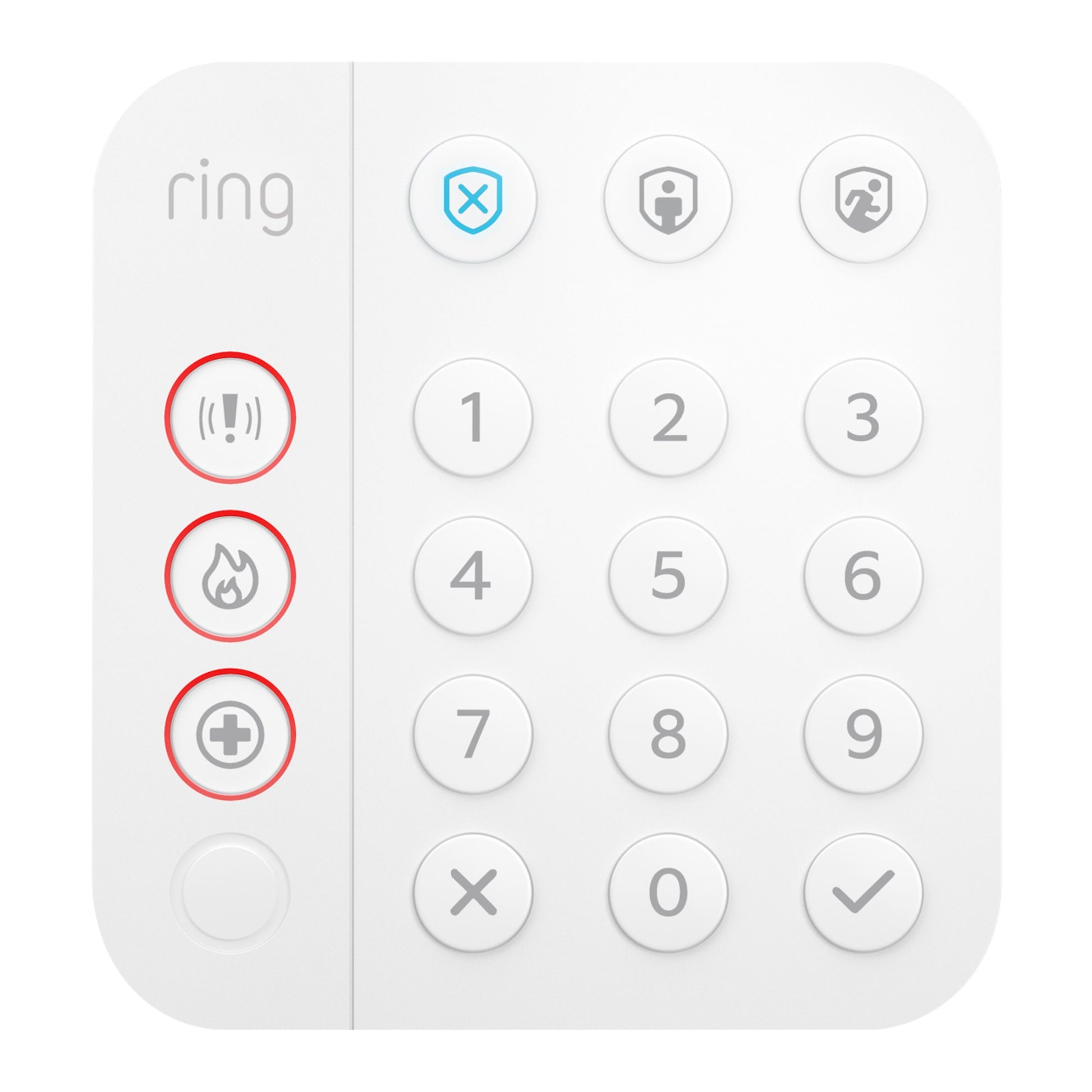 Ring Alarm tastatur med 0-9 tal, alarm-, brand- og medicinsk nødhjælpsknap i rødt, indbygget sirene, kontrolknapper.