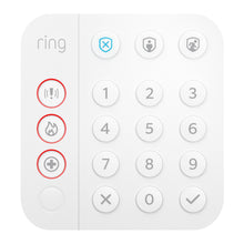 Ring Alarm tastatur med 0-9 tal, alarm-, brand- og medicinsk nødhjælpsknap i rødt, indbygget sirene, kontrolknapper.