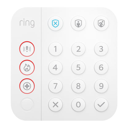 Ring Alarm tastatur med 0-9 tal, alarm-, brand- og medicinsk nødhjælpsknap i rødt, indbygget sirene, kontrolknapper.