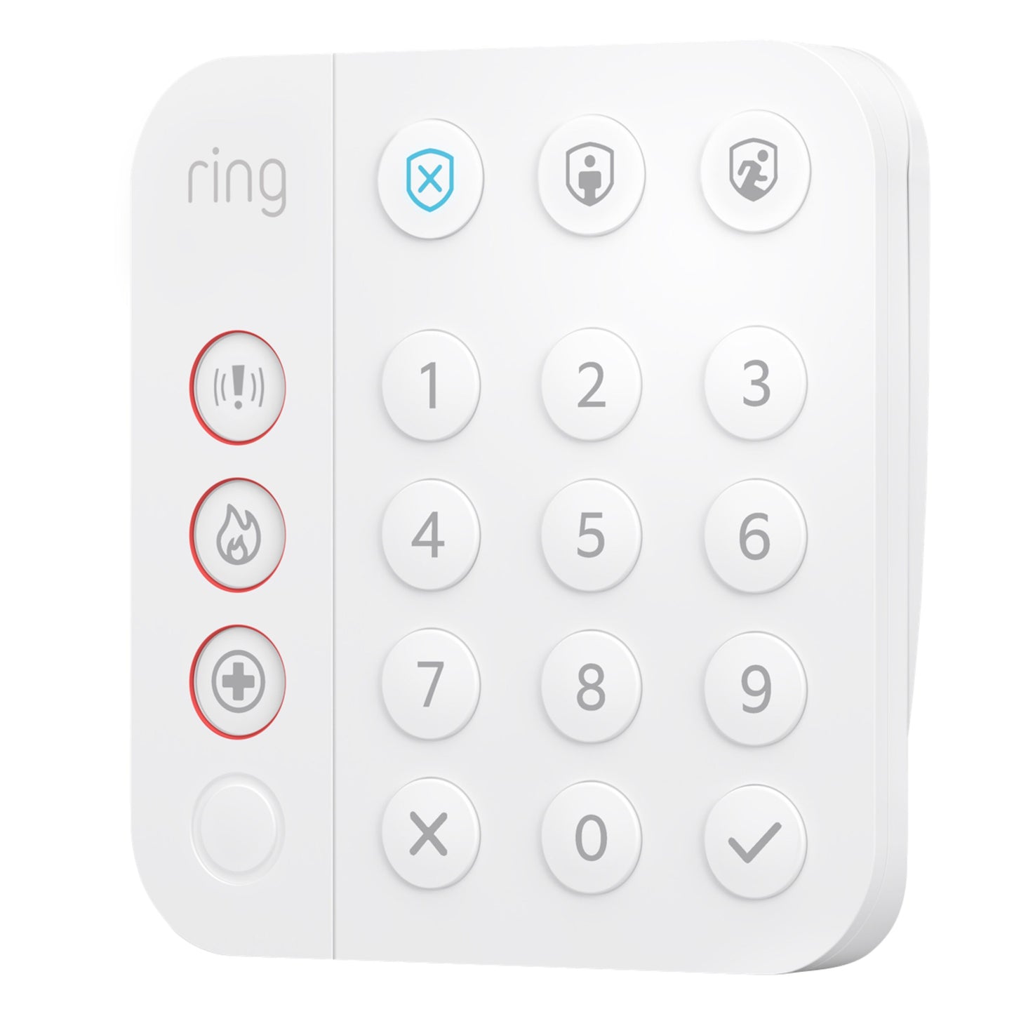 Ring Alarm tastatur med nummererede taster, skjoldikoner, brand- og nødknapper, indbygget sirene og genopladeligt batteri.