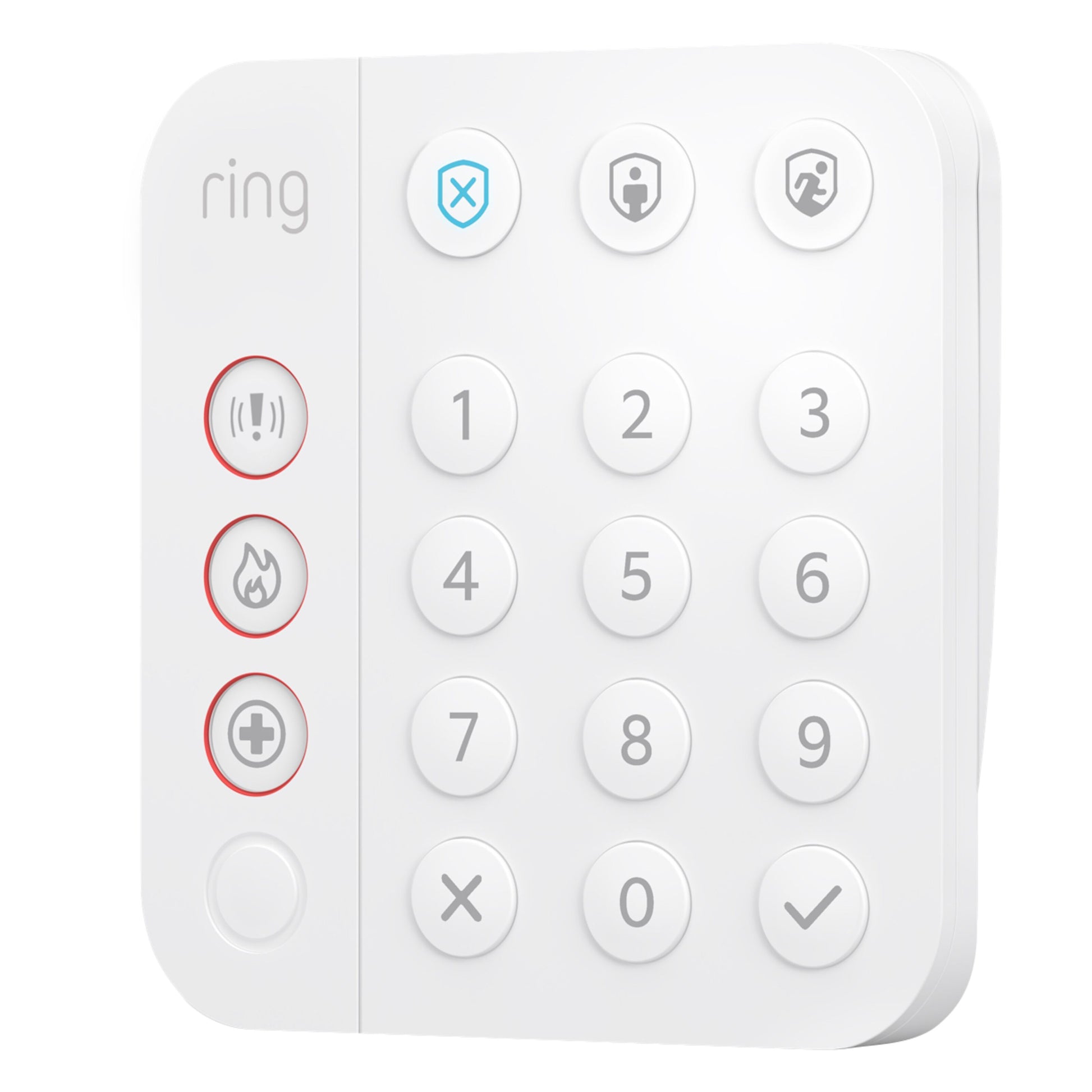Ring Alarm tastatur med nummererede taster, skjoldikoner, brand- og nødknapper, indbygget sirene og genopladeligt batteri.