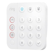 Ring Alarm tastatur med nummererede taster, skjoldikoner, brand- og nødknapper, indbygget sirene og genopladeligt batteri.