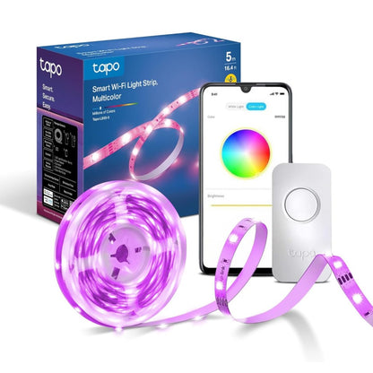 TP-Link Tapo Smart Light Strip RGB 5 m, lyser lilla, styres med kontrolboks eller smartphone, Tp-Link emballage synlig.