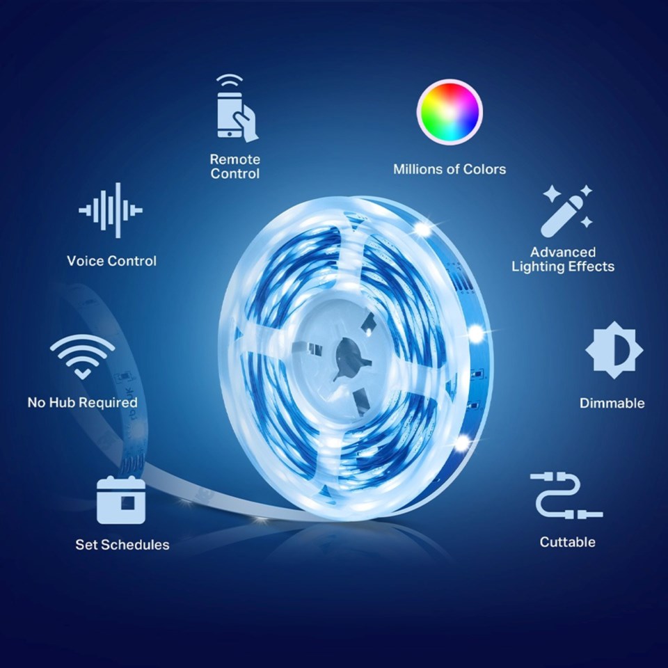 Tapo Smart Light Strip RGB 5m blå, ikoner til fjernstyring, stemmestyring, millioner af farver, dæmpbar LED.