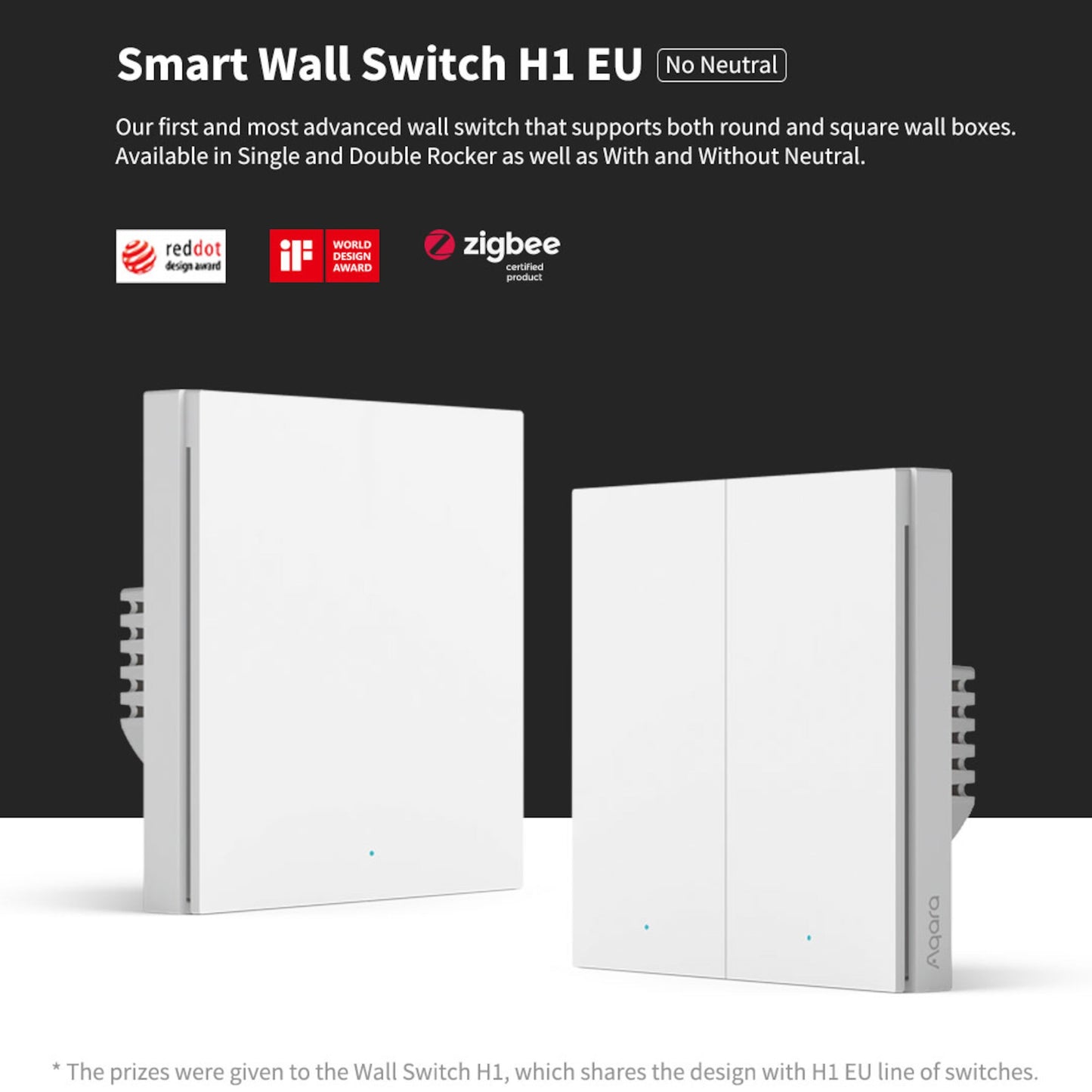 Aqara H1 dobbelt smart vægkontakt uden nulleder, Zigbee 3.0, passer til runde og firkantede dåser.