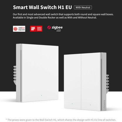 Aqara Smart vægkontakt H1 Dobbelt med nulleder, Zigbee 3.0, LED-indikator, enkelt og dobbelt vippe, award-logoer.