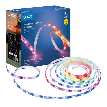 Tapo L920-5 Smart Light Strip RGB 5 m i flerfarvet belysning ved siden af original æske.