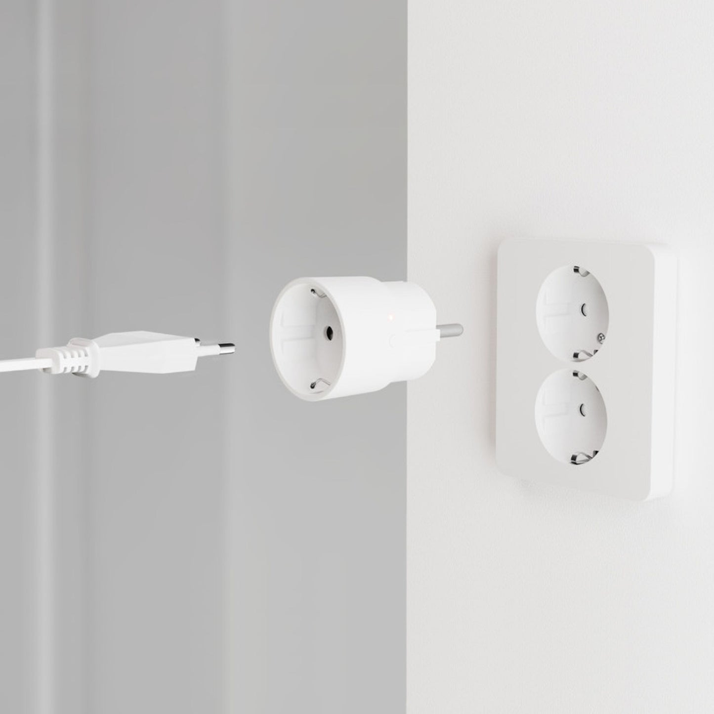 Plejd SPR-01 smart stik on/off hvid med USB-kabel ved dobbelt vægudtag, Google Home og trådløs styring vises.