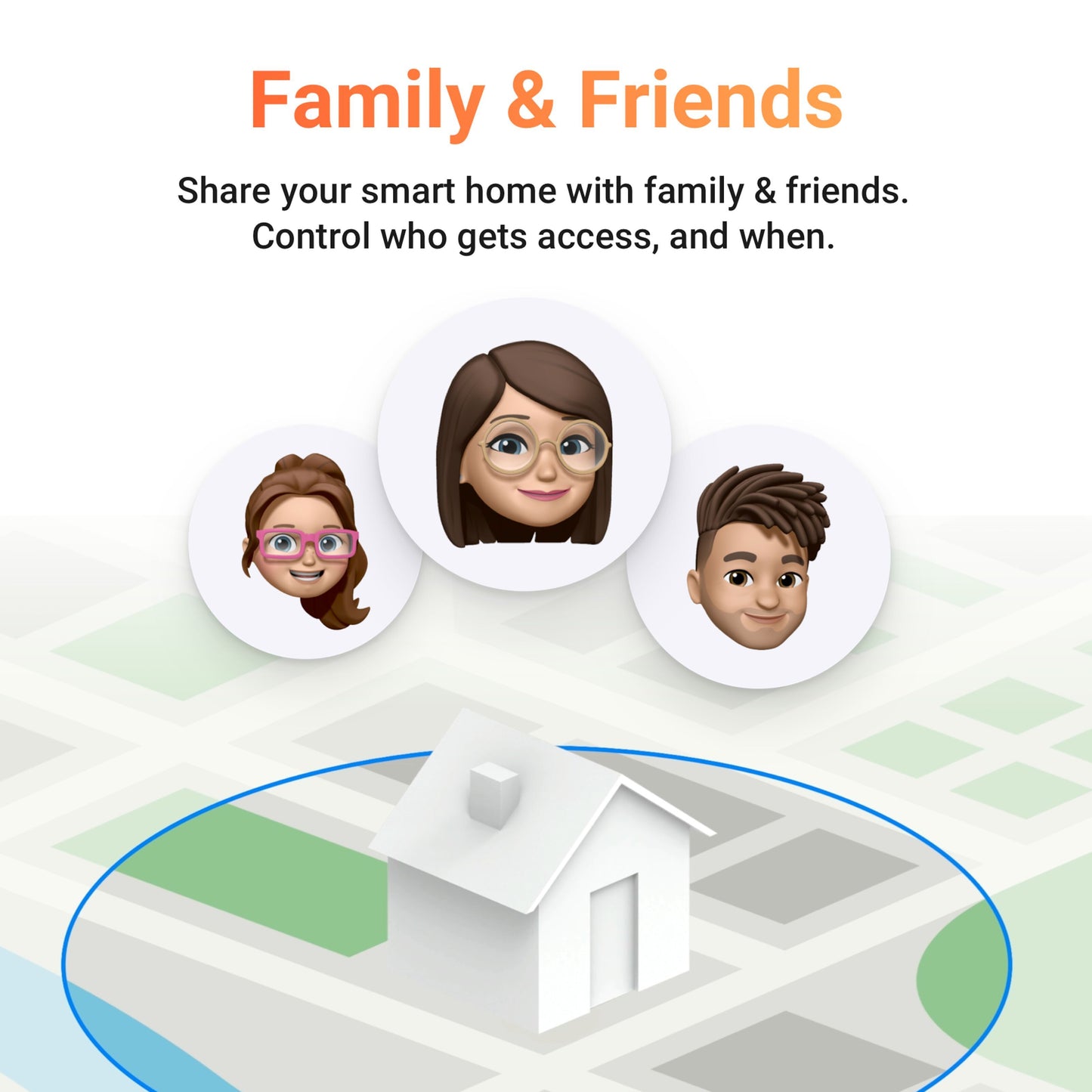 Homey Bridge smart home-controller app med Family  Friends adgang, 3 avatarikoner over 3D-hus på kort.