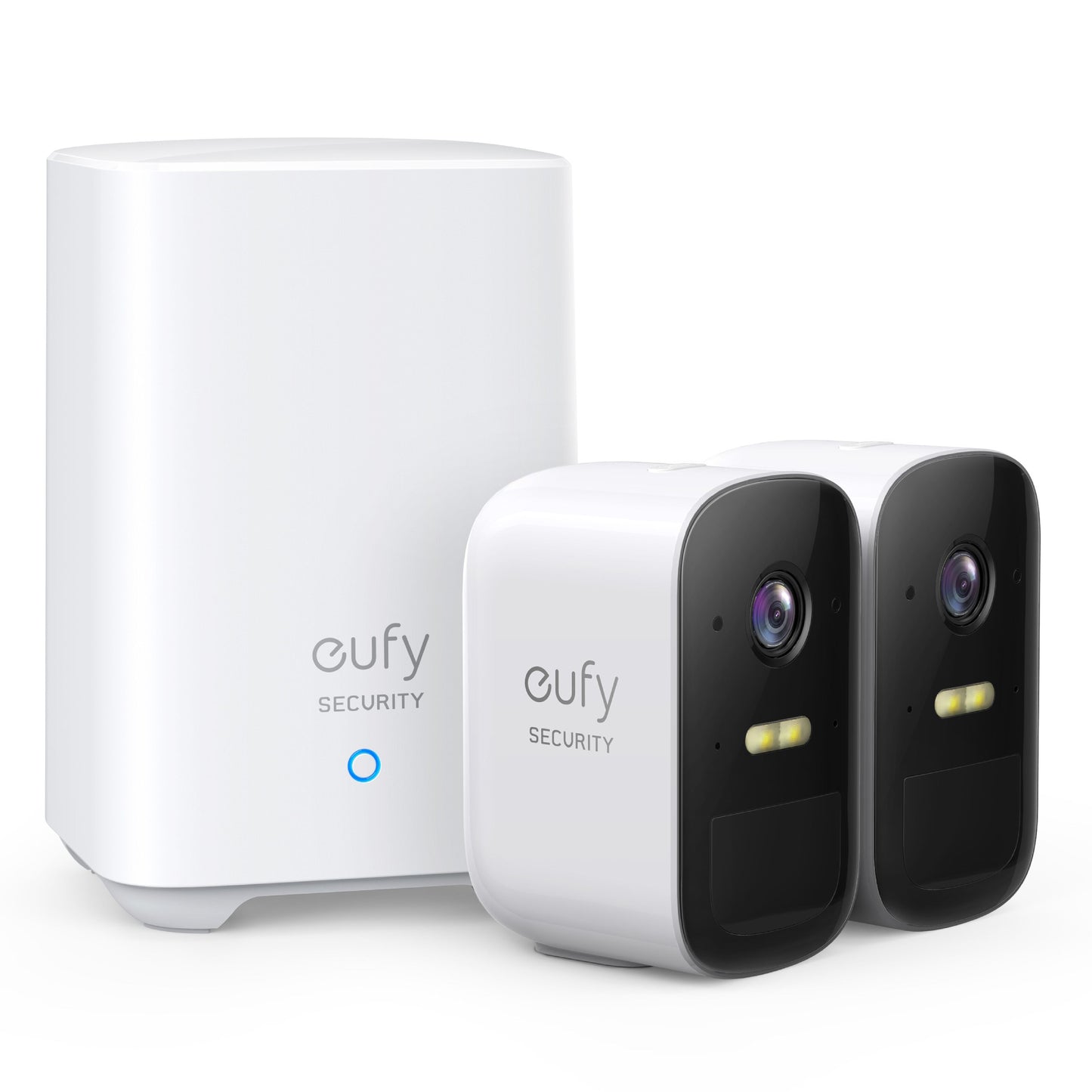 Eufy EufyCam 2C Kit med to trådløse kameraer og hvid basestation med blå indikatorlys, Full HD.