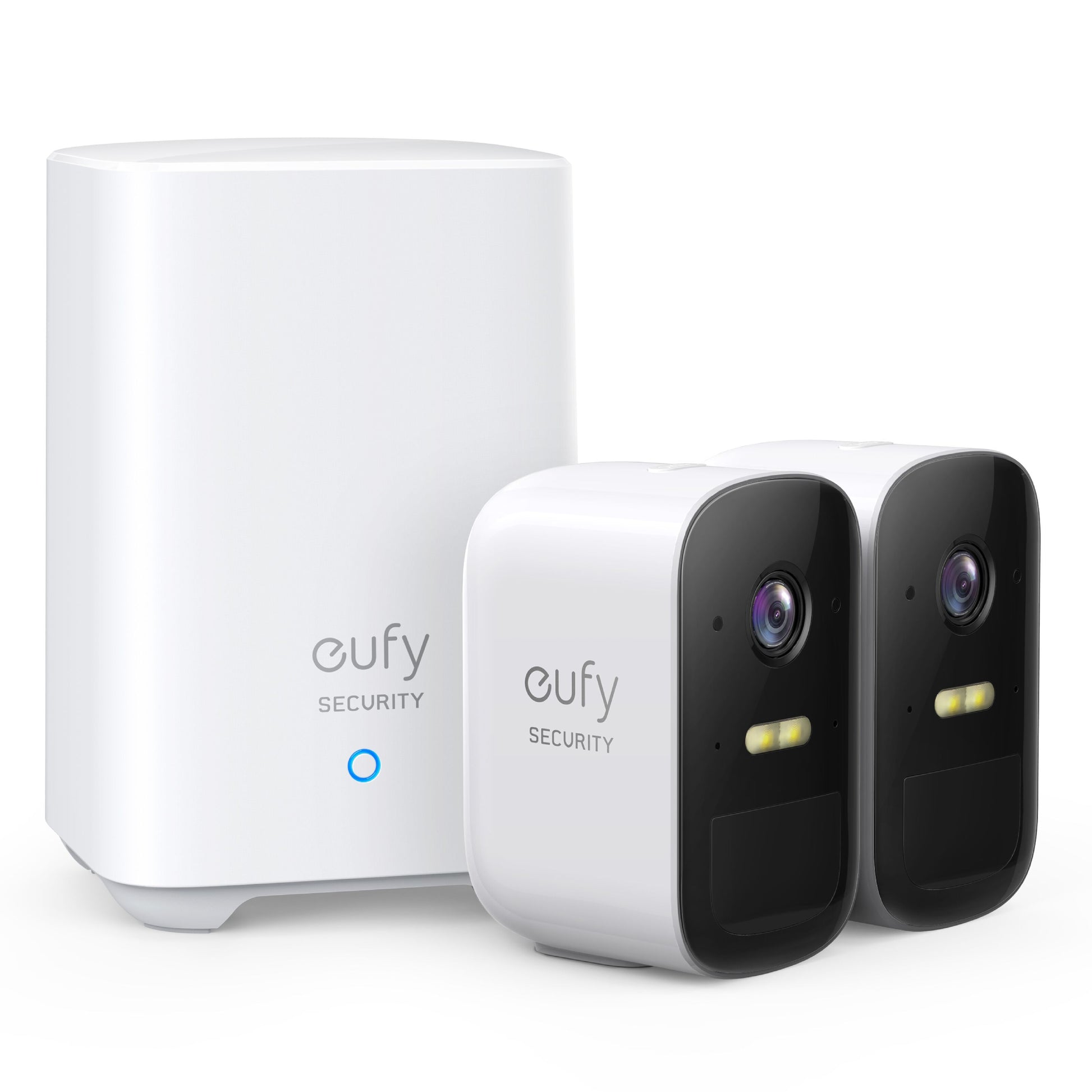Eufy EufyCam 2C Kit med to trådløse kameraer og hvid basestation med blå indikatorlys, Full HD.
