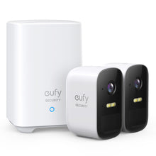 Eufy EufyCam 2C Kit med to trådløse kameraer og hvid basestation med blå indikatorlys, Full HD.