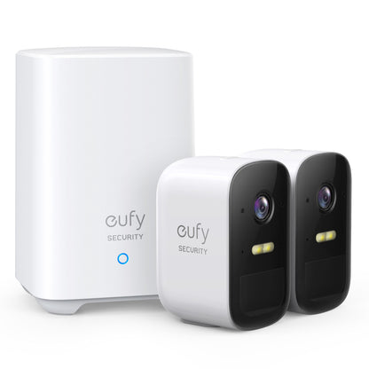 Eufy EufyCam 2C Kit med to trådløse kameraer og hvid basestation med blå indikatorlys, Full HD.