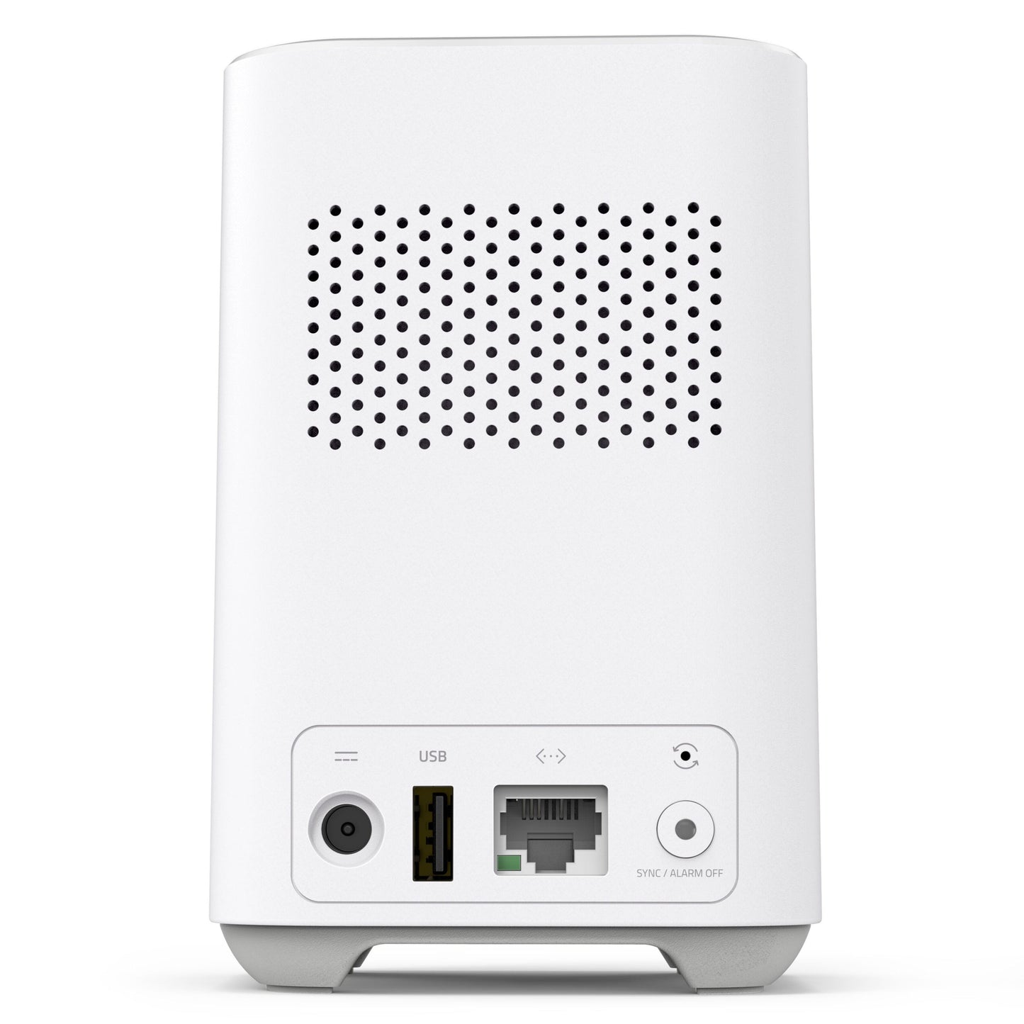 Eufy EufyCam 2C Kit overvågningssystem bagfra med ventilationshuller, strøm- og USB-porte, Ethernet-port, SYNC/ALARM OFF-knap.