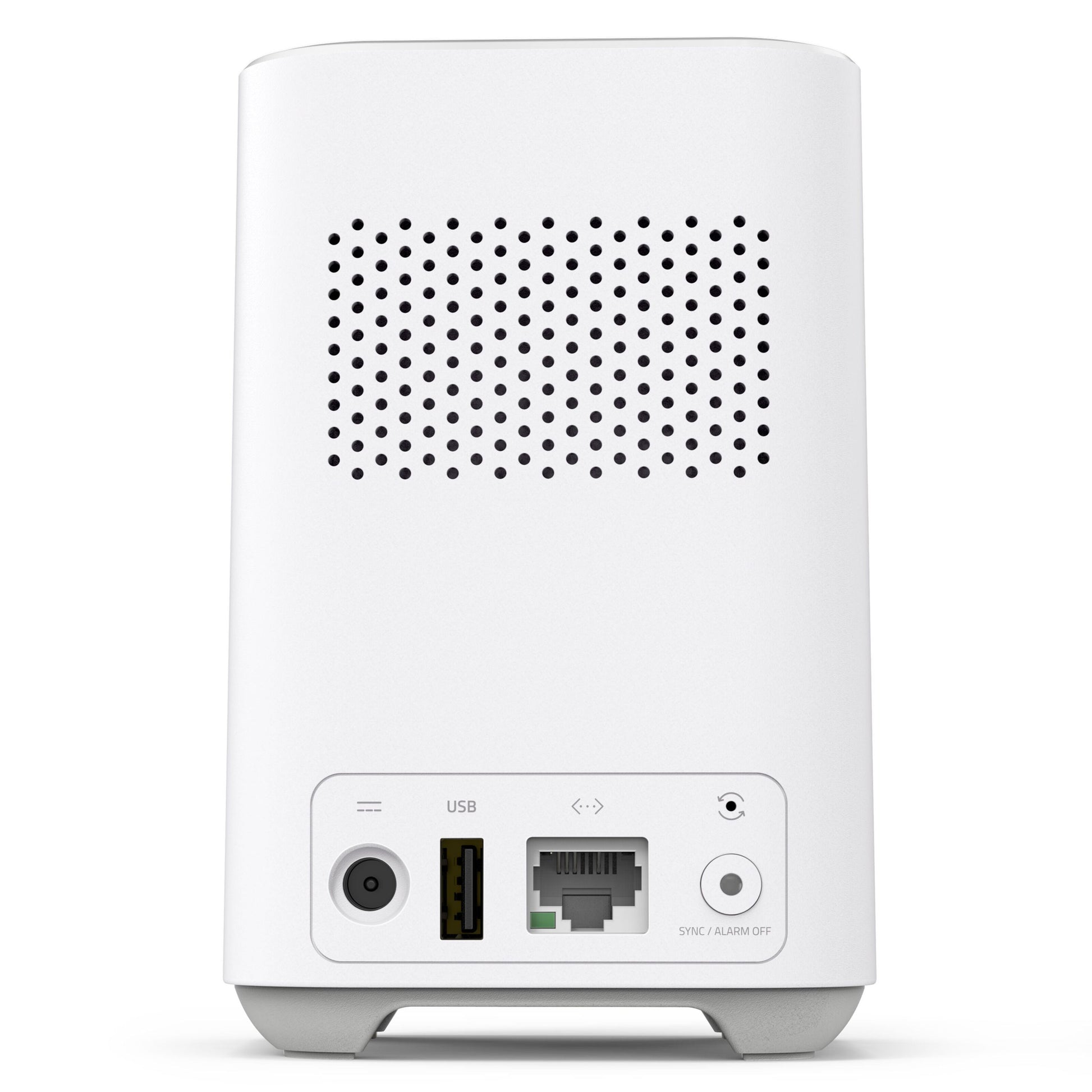 Eufy EufyCam 2C Kit overvågningssystem bagfra med ventilationshuller, strøm- og USB-porte, Ethernet-port, SYNC/ALARM OFF-knap.