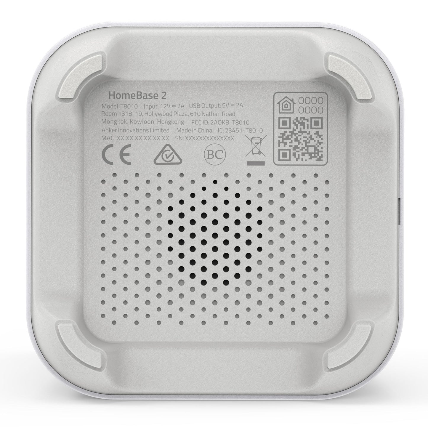 Eufy EufyCam 2C Kit overvågningssystem hvid, bundt med modelinfo, ventilationshuller, gummifødder og certifikatikoner.